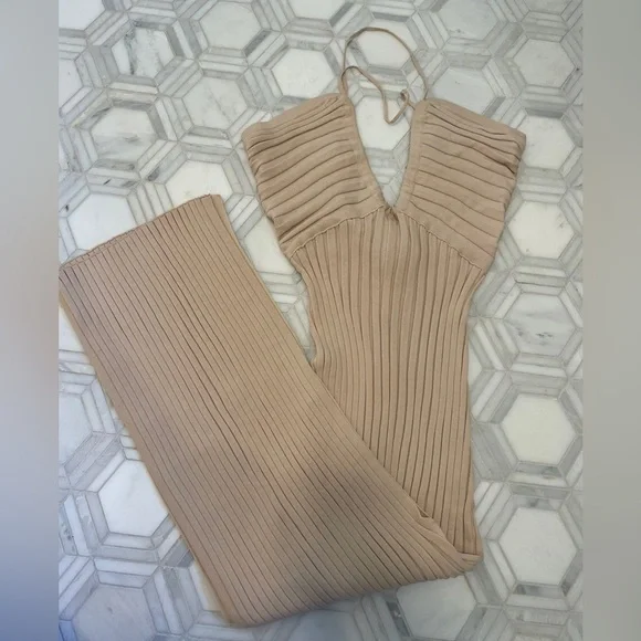 NWT Meshki Lori Halter Strap Ruched Front Ribbed Knit Midi Dress | S - Picture 3 of 6